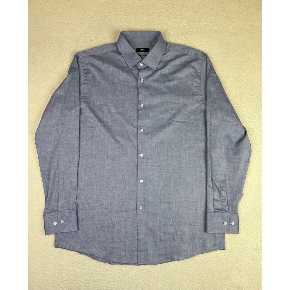 BOSS Hugo Boss Dress Shirt Mens 17 34/35 Blue Solid Marley Sharp Fit Slim LS